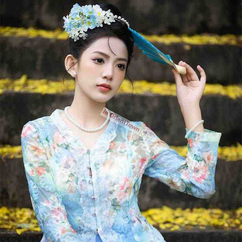 Singapore Little Nyonya Same Style Clothing Women Blue Floral Ethnic Travel Photography Dress Southeast Asian Trend Dai Top + Dress
