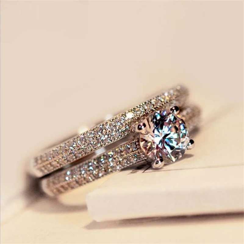 Dazzling rose gold silver circular ring suitable for women metal inlaid zircon wedding ring set engagement jewelryXJ250412