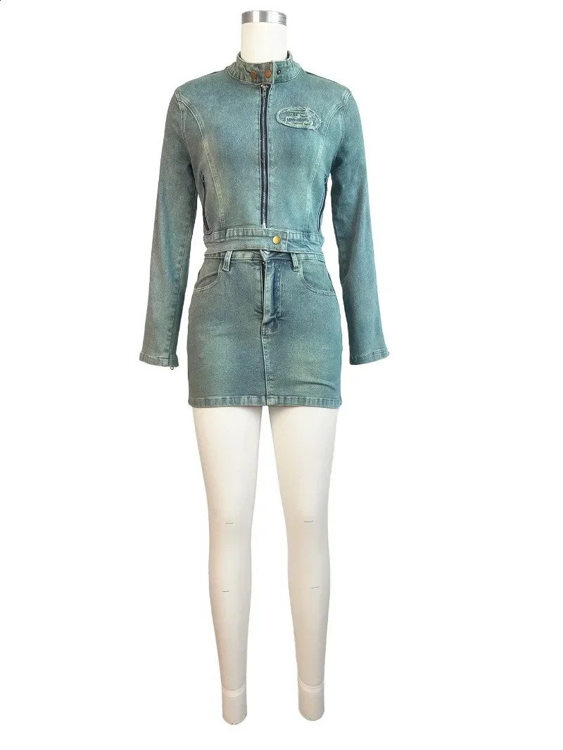 Tassel Letter Embroidery Denim 2 Piece Set Women Autumn Stand Collar Long Sleeve Zipper Jacket Tops Mini Skirts Jeans Suits 240923