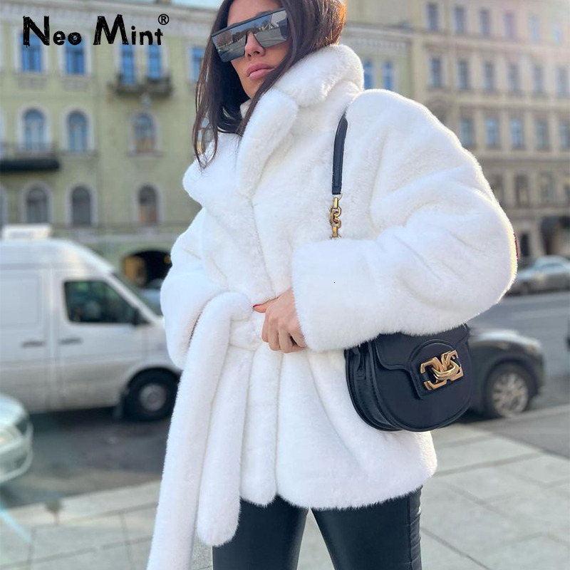 Pure White Belted Faux Fur Coat Women Thick Warm Fluffy Plush Jacket Chic Ladies Street Fashion Winter Overcoats Outfits