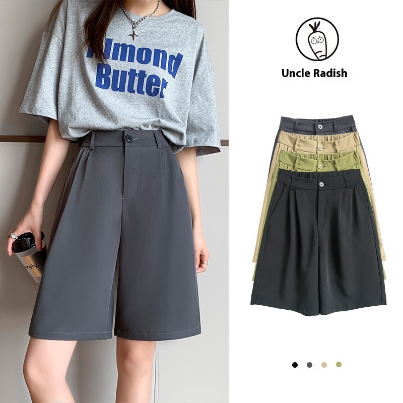 Radish Uncle Shorts Women's 2024 Summer Thin Loose High Waist Straight Slimming Casual Wide Leg 5/4 Suit Pants