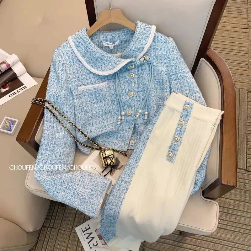Spring Fashion Elegant Peter Pan Collar Chic Tassel Vintage Women Coat Blue Tweed Jacket High Waist Long Pants Two Pieces 240926