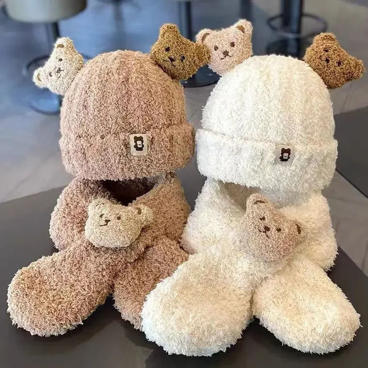 Childrens winter bear hat scarf set childrens earmuffs shawl warm wool bag baby girl boy neck 240925