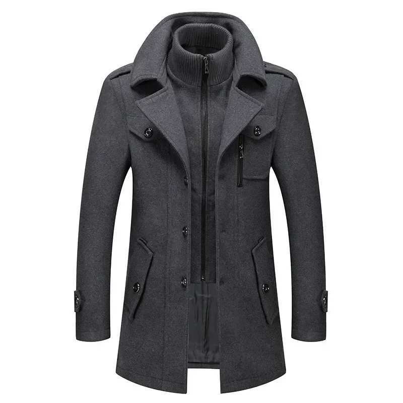 Fashion Middle Long Jacket Men Double Collar Zipper Coat Windbreaker Woolen Overcoat Autumn Winter Wool Trench Coats W250809
