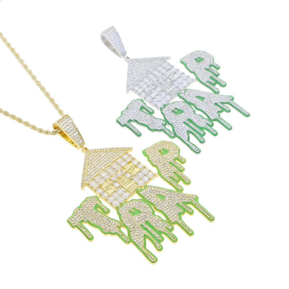 Iced Out Bling CZ Letter Trap Pendant Necklace Zircon House Green Fluorescenc Charm Men Hip Hop Jewelry 240918