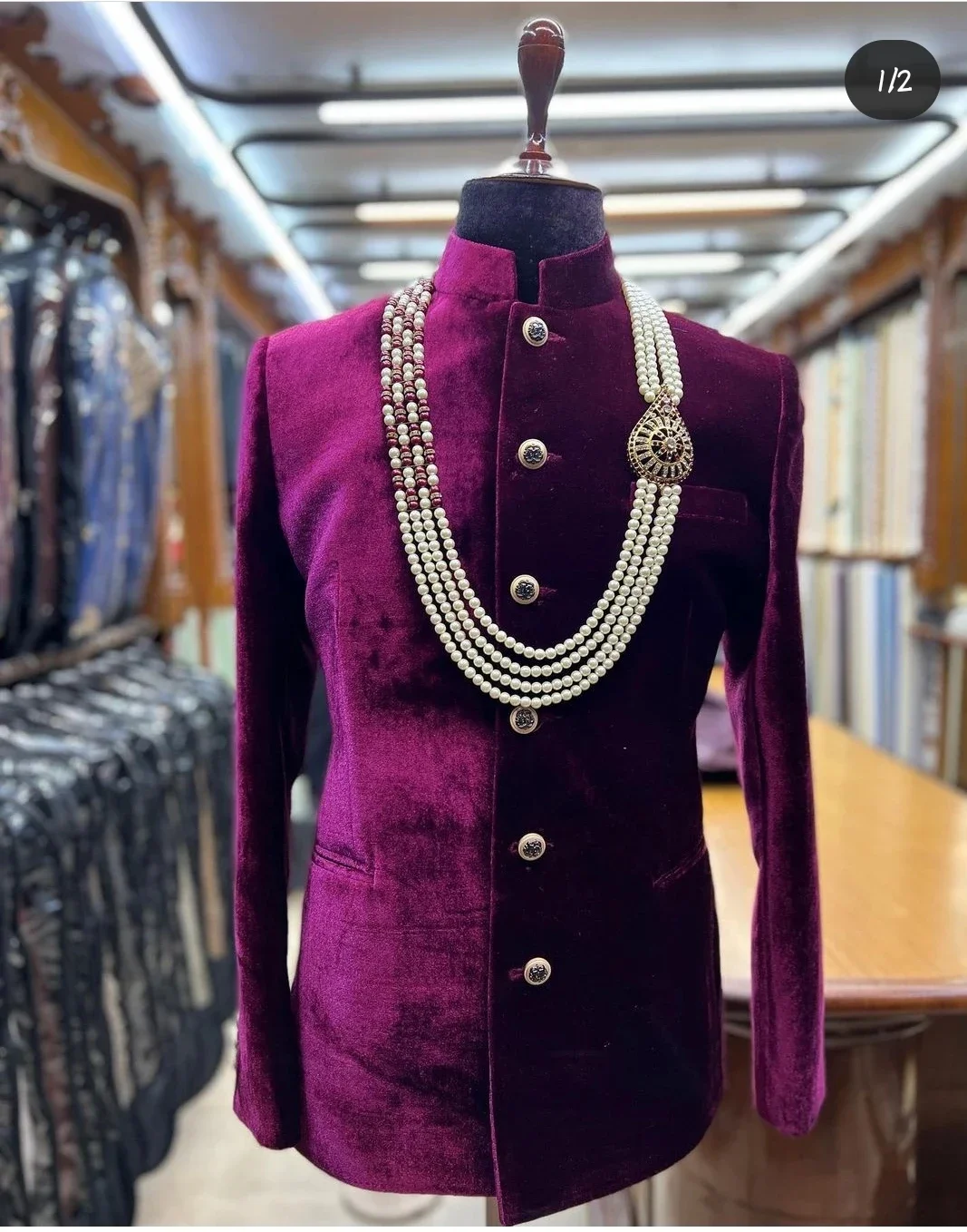 Velvet Men Suit Jacket for Wedding with Mandarin Stand Collar Italian Style 1 Piece Groom Male Blazer African Fashion Coat 2024