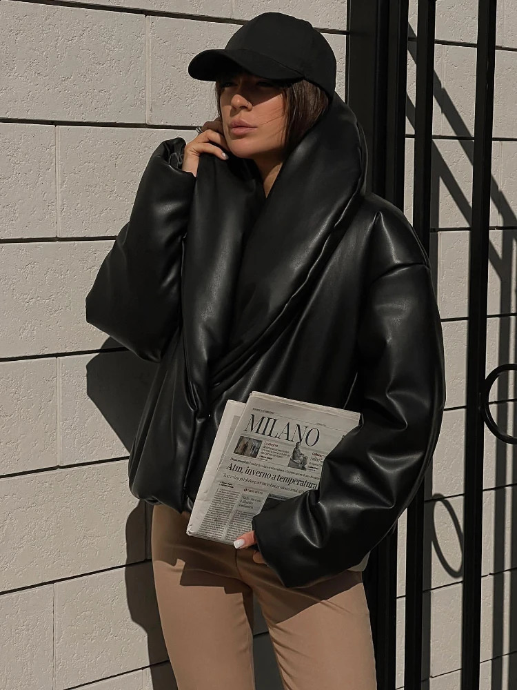RR2832 Sheepskin Leather Cotton Winter Jackets Women Sexy Streetwear Puffer Cotton V Collar Thick Leather Parkas Women 240919