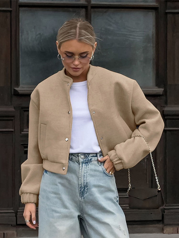 Casual Khaki Short Cropped Woolen Jackets Women Loose Button Pockets Tweed Jacket Female Autumn Chic Elegant Street Outwear