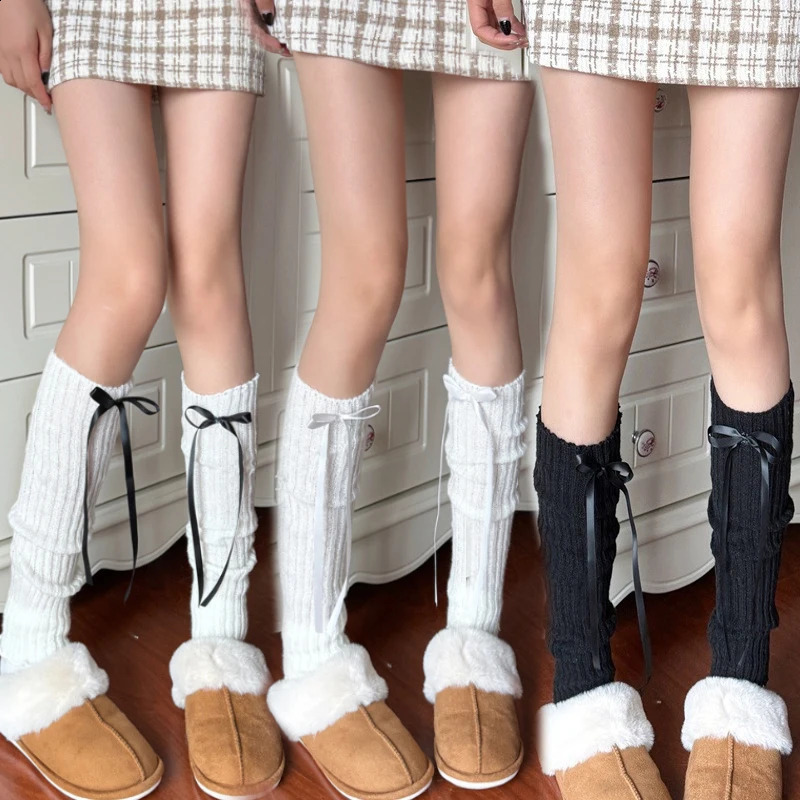 Vintage Womens Leg Warmer Autumn Winter Ribbon Lolita Black Knee Long Socks Y2K JK Sweet Knitted Girl White 240925