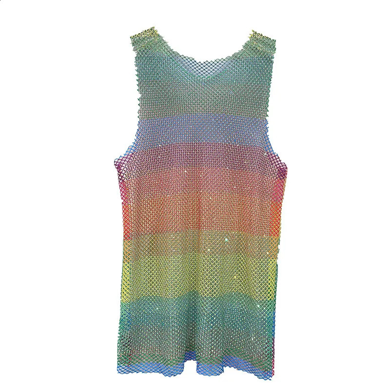 Women Men Neon Crystal Colorful Rhinestones Shiny Sexy Y2K RainbowTank Tops Party Club Sexy See Mesh Hollow Out 65cm long 240926