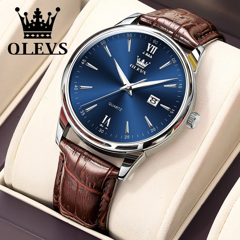 OLEVS Quartz Mens Watch Fashion Business Waterproof Leather Strap Classic Ultra Thin 6.5mm Date Dial Mens Watch 240927