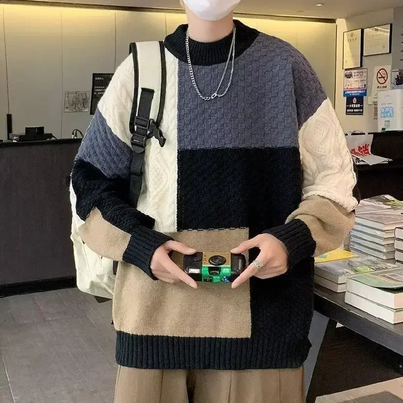 Mens clothing mens collar jacket knitted sweater mens round neck jacket spliced zipper X fit Y2k retro top Korean style A 240924