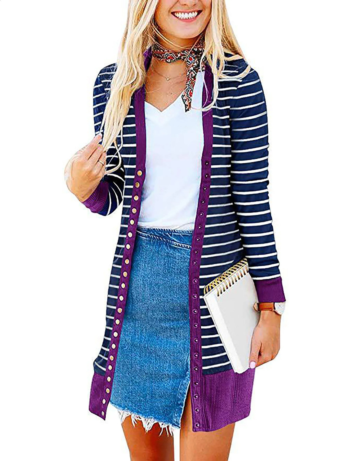 AutumnWinter 2024 Europe and the United States plus size womens fashion long button striped cardigan coat 240919