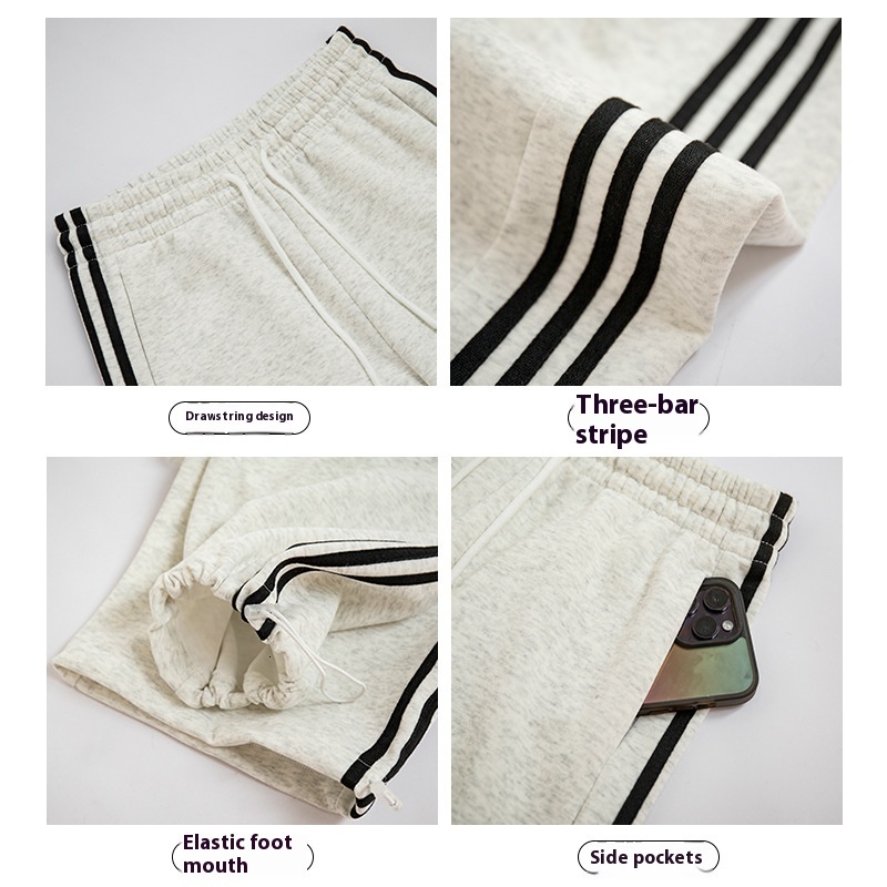 White sports for women in autumn and winter 2024, new high waisted loose side stripe casual straight sweatpants, American wide leg pants