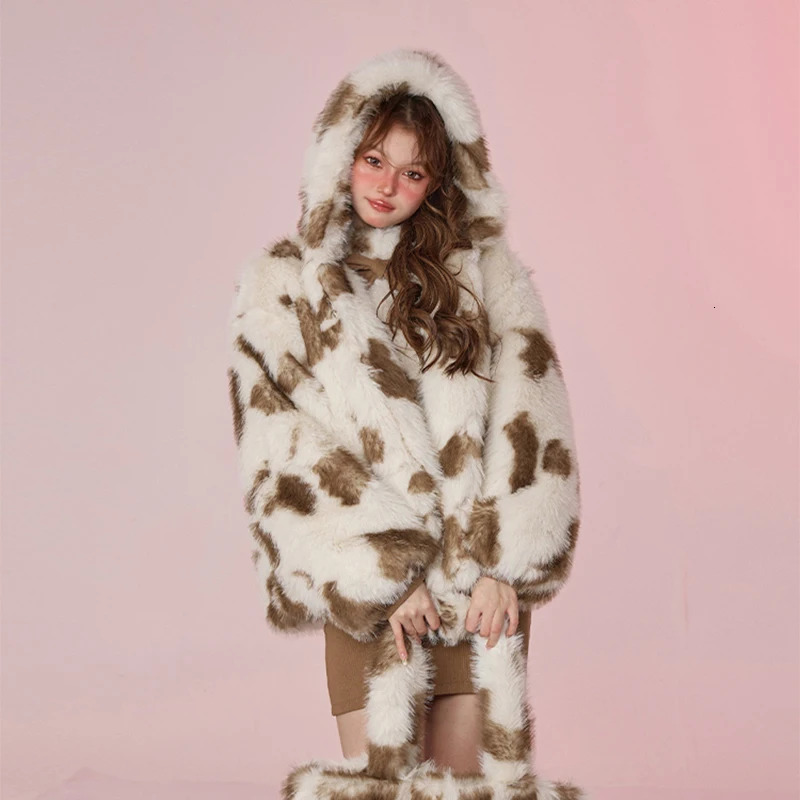 Oversized Leopard Faux Coat Women Winter Sweet Haruku Y2k Fashion Girls Thicken Fox Fur Jacket Hooded Overcoat Outwear