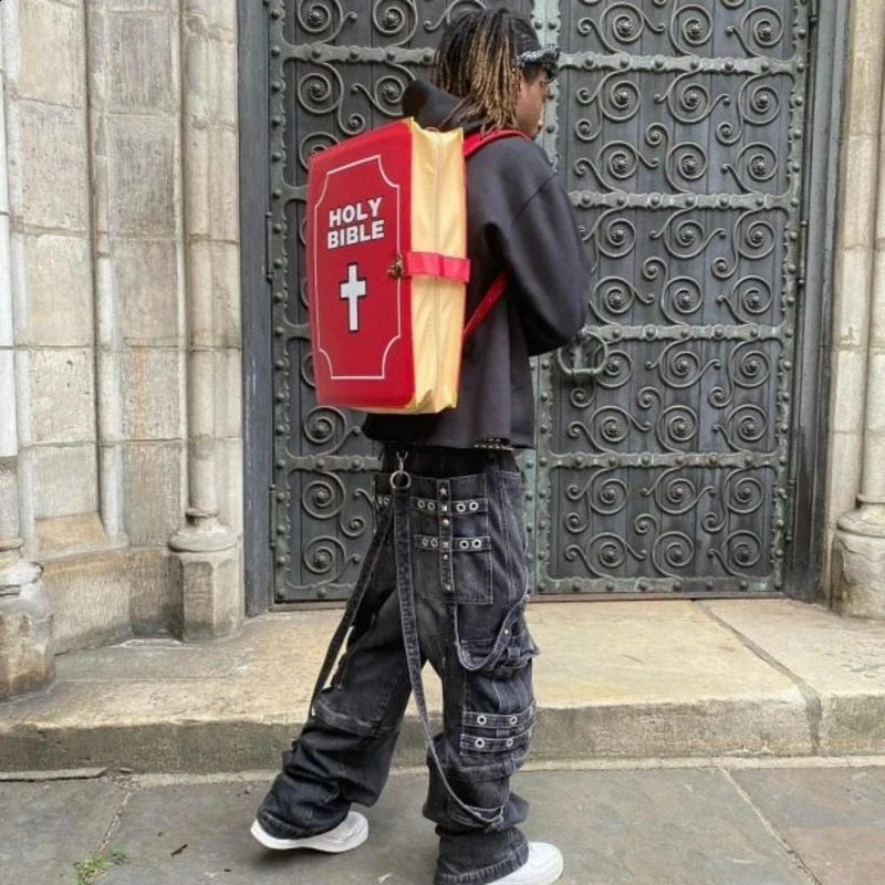 Hip-hop Bible Book Y2K PU Leather Ins Schoolbag Large Capacity Unisex Casual Shoulder Backpack 240921