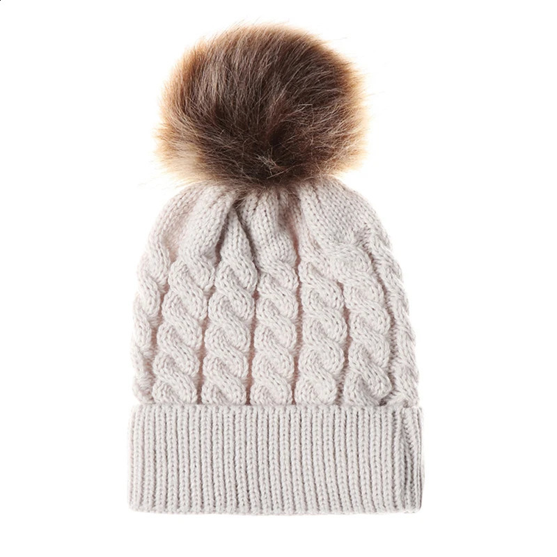 Winter hat childrens knitted baby fur Pom girls warm and toddler 240925