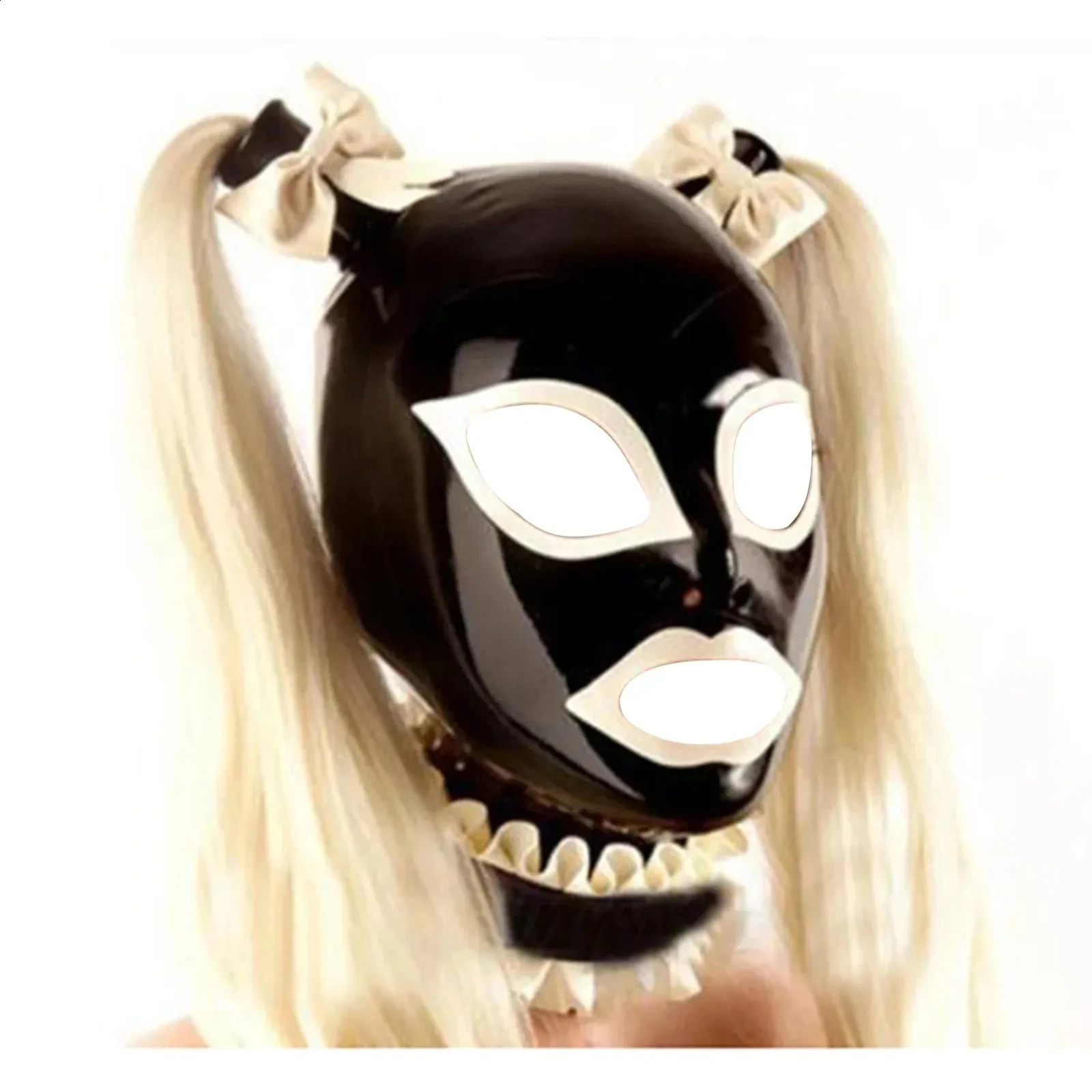 Latex cover with detachable collar twin blonde ponytail wig back zipper rubber golden braid 240923