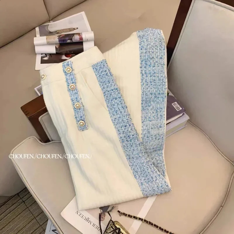 Spring Fashion Elegant Peter Pan Collar Chic Tassel Vintage Women Coat Blue Tweed Jacket High Waist Long Pants Two Pieces 240926