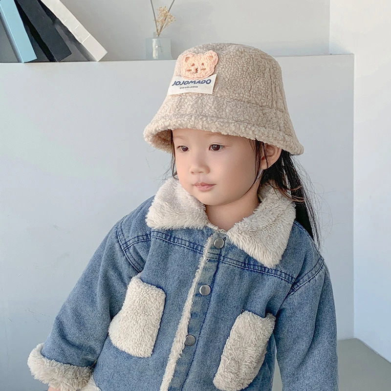 Cute Bear Childrens Basin Hat Winter Baby Plush Fishermans 210 Years Thick Cashmere Windproof Warm Bucket Pad 240925