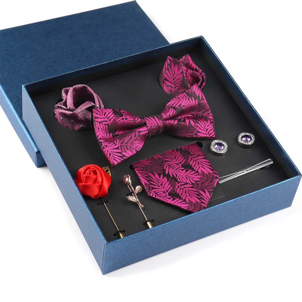 Mens Tie Set Gift Deluxe Collar Bow Pocket Square Cufflink Clip Brooches 8piece Set Wedding Party Business Mens Tie Set Y240925