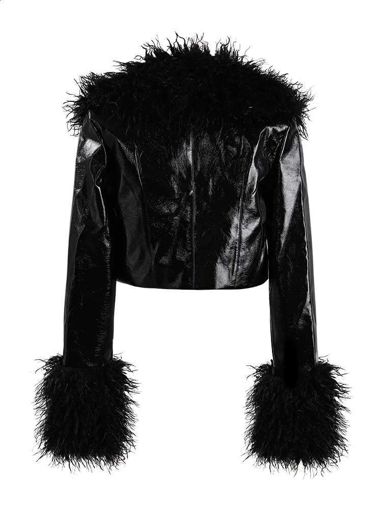 DEAT Fashion Womens Short Coat Flip Collar Simulated Sheepskin Gloss Patent Leather Patch Work Short Thin Coat Spring 11X6155 240923