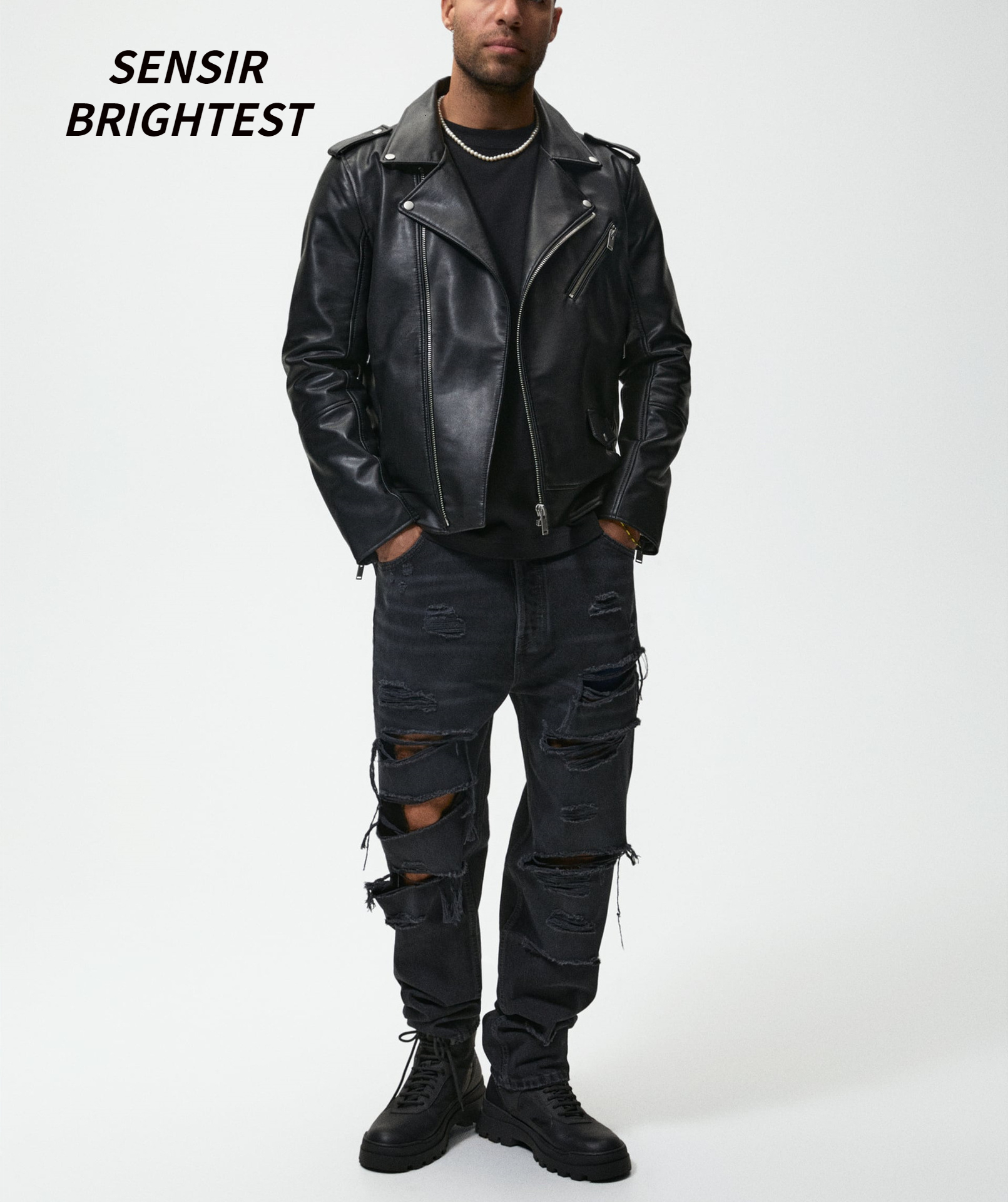 Fall 22 Black High Quality Pu Leather Locomotive Zip Jacket Men's
