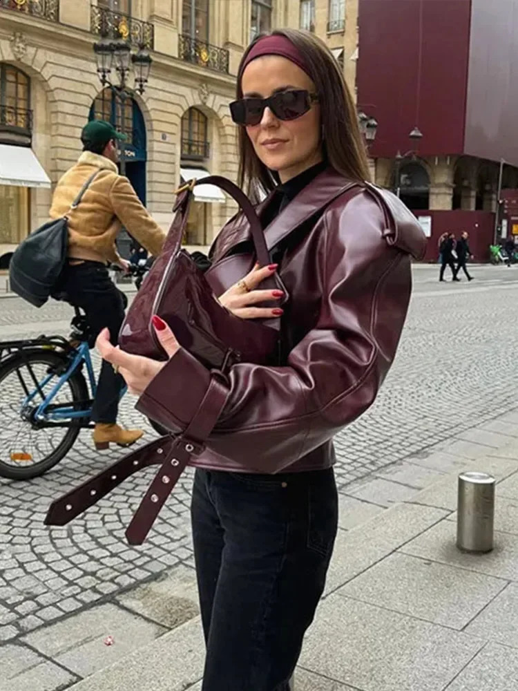 Casual Street Leather Jacket Women Solid Lapel Long Sleeved Belt Crop Female Coats Autumn Y2k Fashion Loose Pu Outwear Lady
