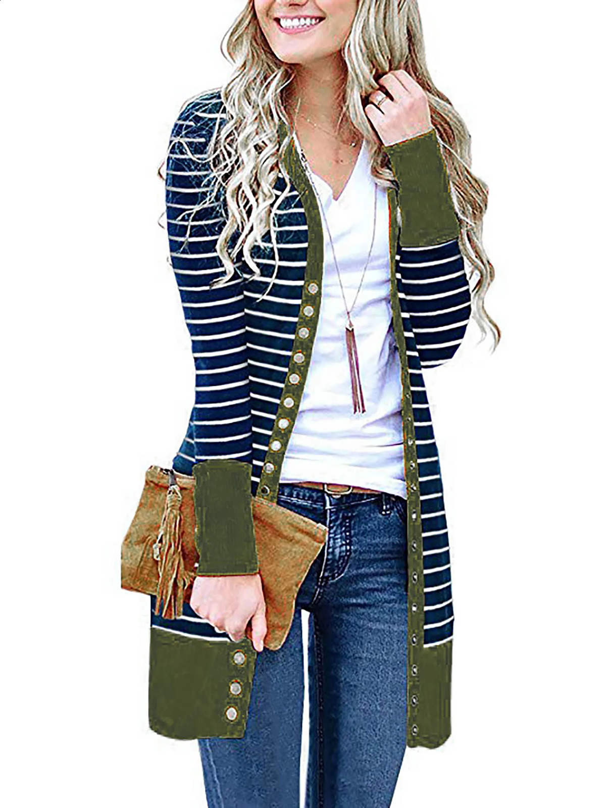 AutumnWinter 2024 Europe and the United States plus size womens fashion long button striped cardigan coat 240919