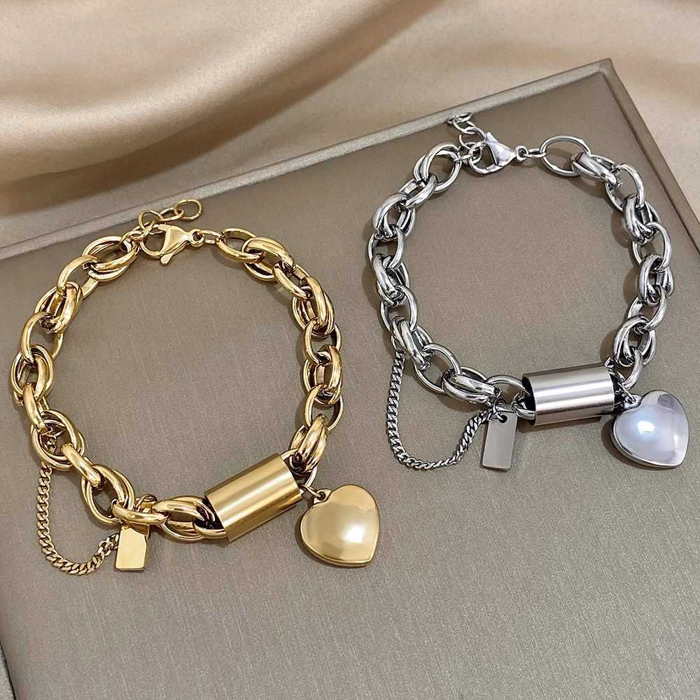 Heart Lock Stainless Steel Charm Bracelet Thick Plated Gold Chain Christmas Gift W250411