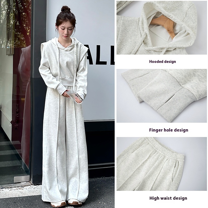 2024 Autumn/Winter New Product Fashion Set Women's High Waist slimming casual sports hooded sweatshirt jacket Knitted wide leg pants