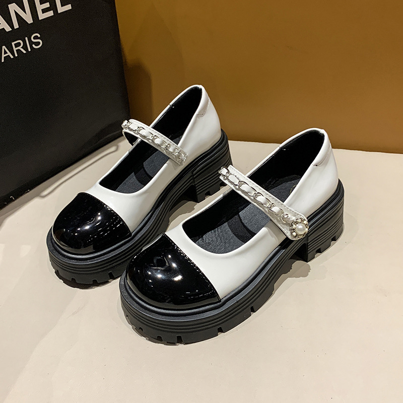 Mary Jane women's high heels new shallow mouth height increasing small size single shoes women's pearl thick heel thick soled leather shoes 