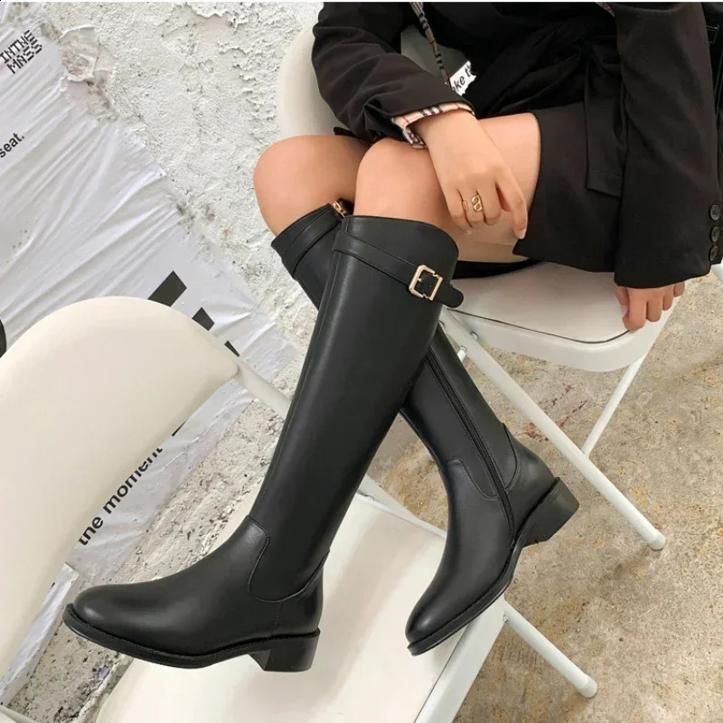 Womens Low Heel Knee High Boots Autumn Winter Soft Leather Knight Boots Fashion Round Toes Warm Botas De Mujer 240926
