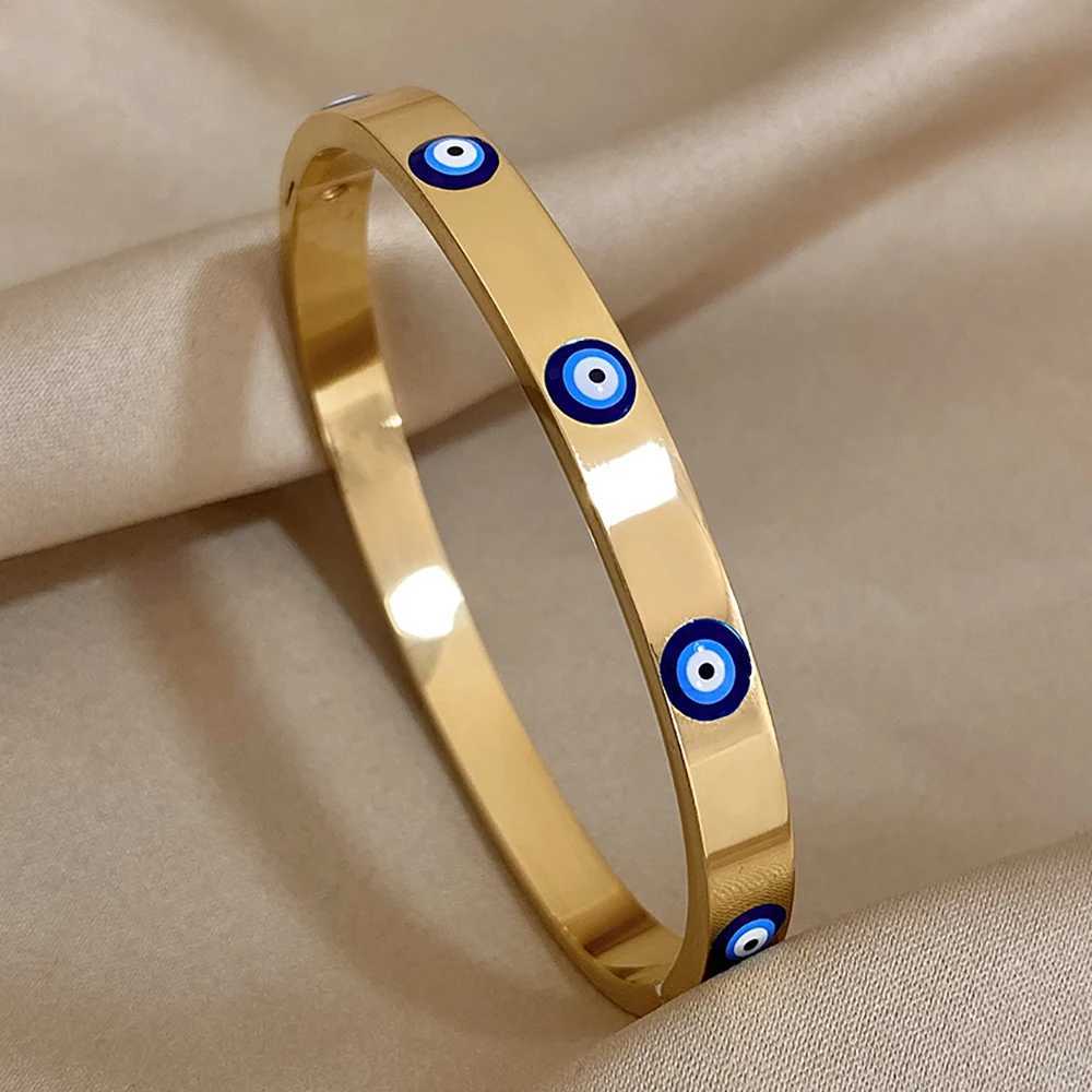 Dodohao Boho Blue Human Evil Eye Stainless Steel Bracelet for Womens Charm Simple Lucky Gold Plated Thin Chain Jewelry W240925