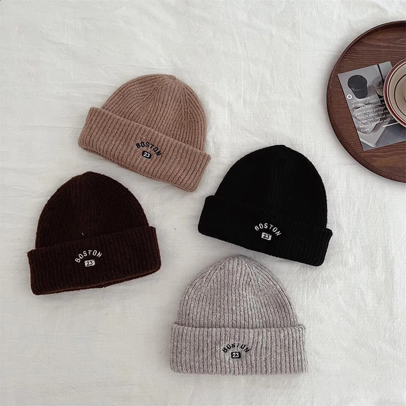 Korean letter baby hat soft knitted boy and girl Beanies winter warmth toddler pull windproof cold proof for children 240925