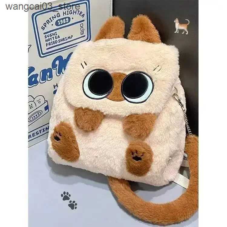 Backpacks Plush Cartoon Siamese Cat Backpack Simplicity Large Capacity Campus Bag Commuting Flip Cover Diagonal Span Bag Soft Girl Gift L240910