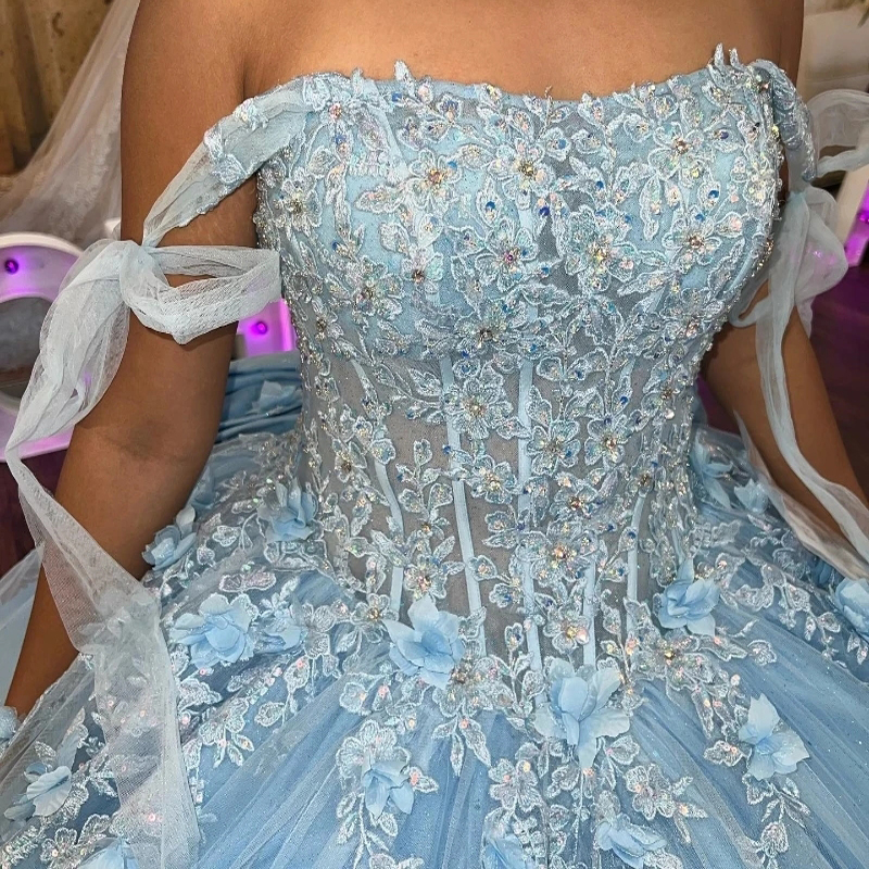 Mexican Sky Blue Quinceanera Dresses Ball Gown Lace Appliques Beads Bow Tull Sweet 16 Dress Princess Lace Up Vestido De 15 Anos