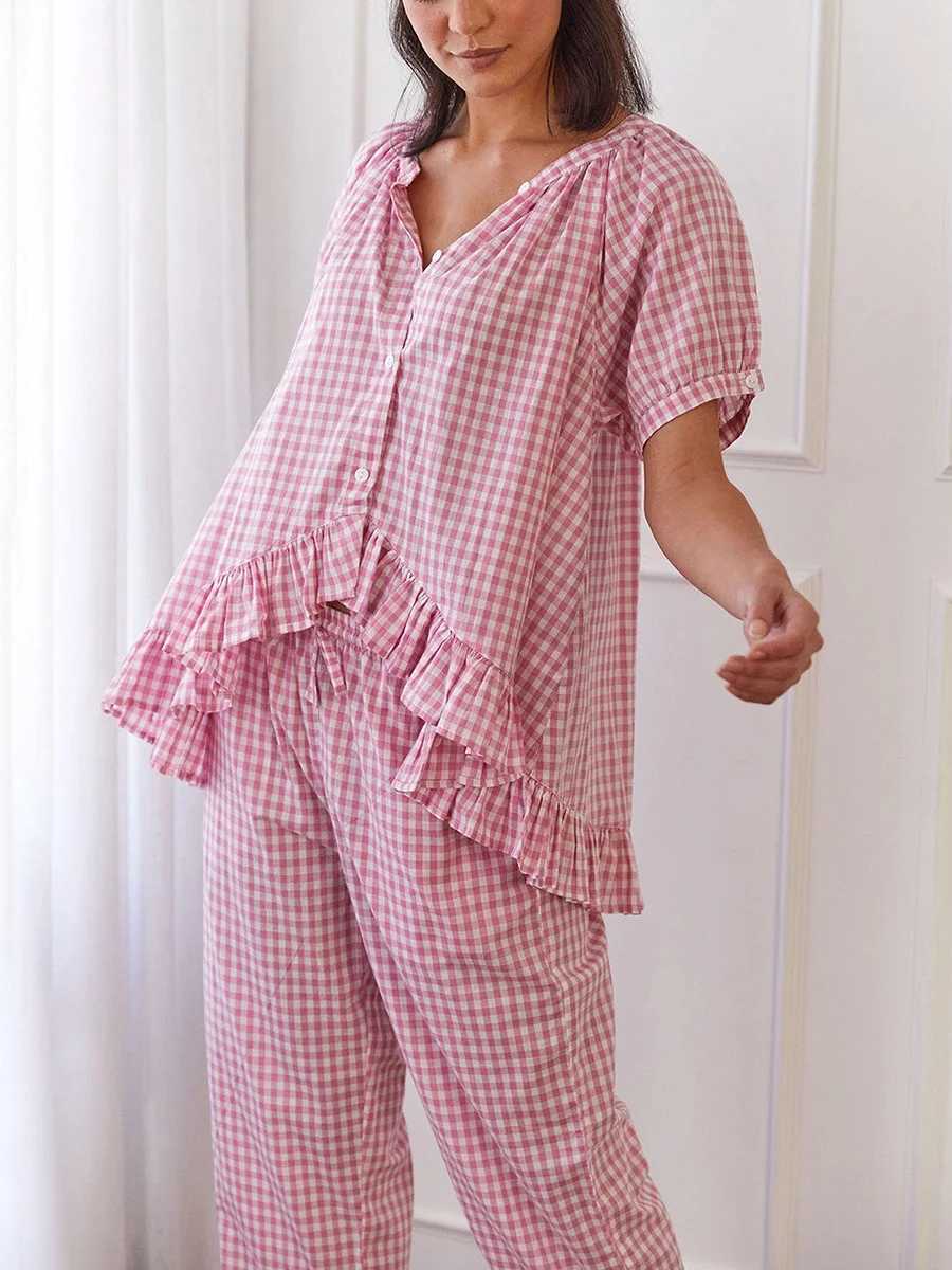 Womens 2 Piece Pajama Set Short Sleeve Plaid Print Button Up Shirt + Ruffle Pants Set Sleepwear Loungewear M240925