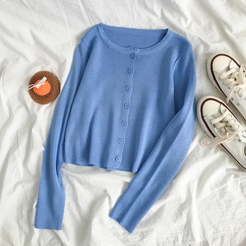 Rin Confa Women Fine Knit Cardigan Top Crew Neck Button Front Long Sleeve Femme Casual Spring Light Cropped 240919