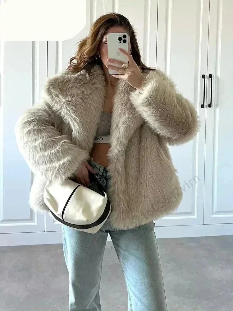 2024 Winter Faux Coat For Women Brand Fashion Fake Fox Fur Jacket Design Big Collar Chic Girls Outerwear Overcoat