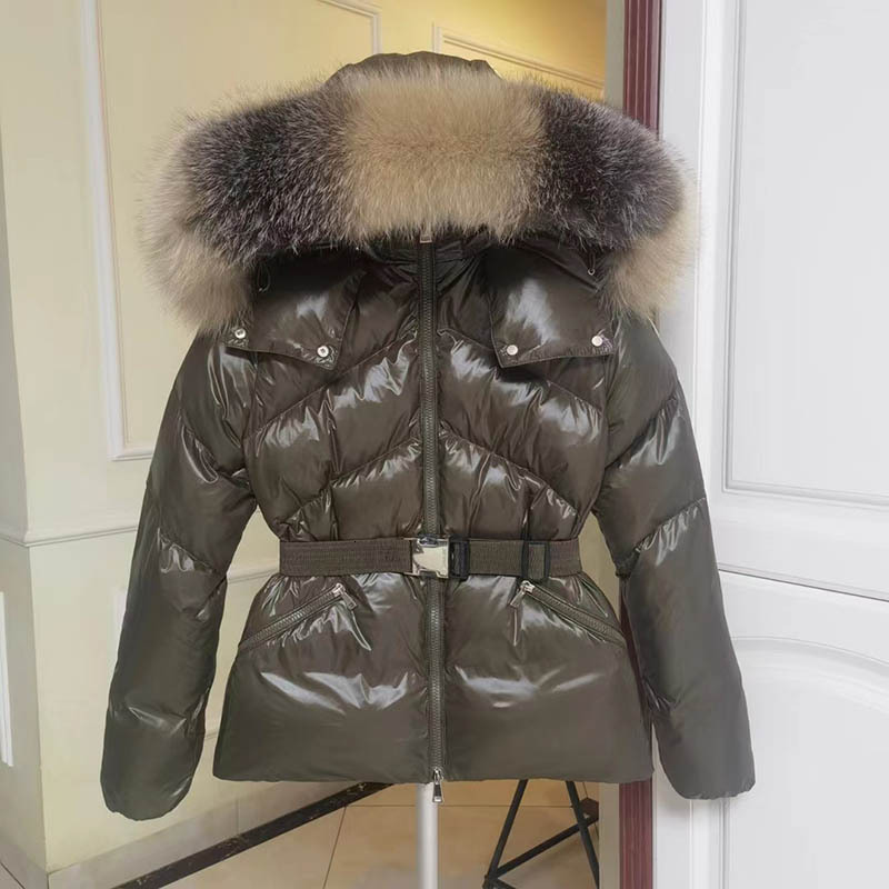 Women Real Fox Fur Collar Glossy Overcoat Hot Sales New Winter Thick Hooded With Belt White Duck Down Jacket