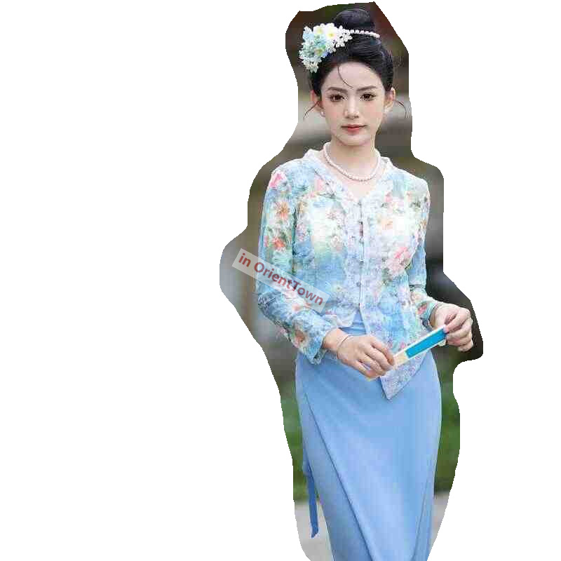 Singapore Little Nyonya Same Style Clothing Women Blue Floral Ethnic Travel Photography Dress Southeast Asian Trend Dai Top + Dress