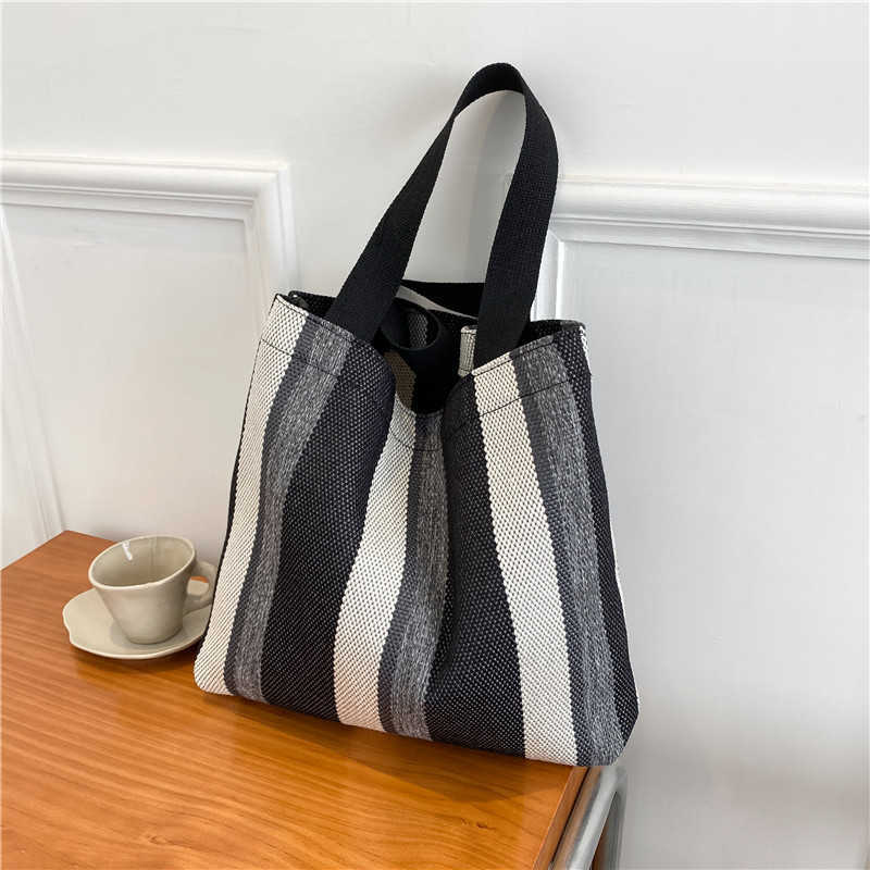 CMM Korean Canvas Shoulder Bag Autumn Winter New Artistic Stripe Large Capacity Student Tote Bag Fashion Shopping Bag