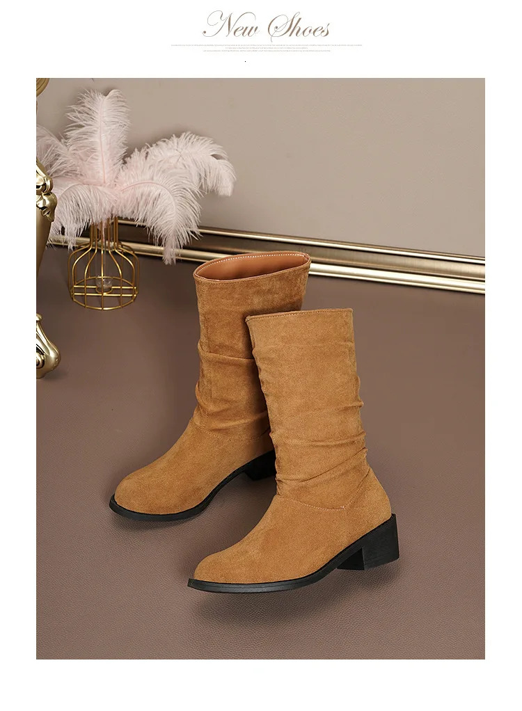 Women's Fur Suede Western Mid-Calf New Pointed Thick Heel Short Vintage Pleated Fashion Boots Women 2024