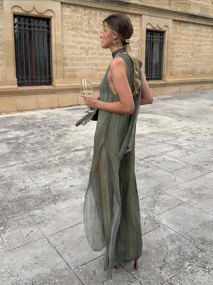 Contrast Color Hanging Neck Maxi Dress Womens Chic Shoulder Sleeveless Splicing Loose Pants Womens Casual Party Dress 240926