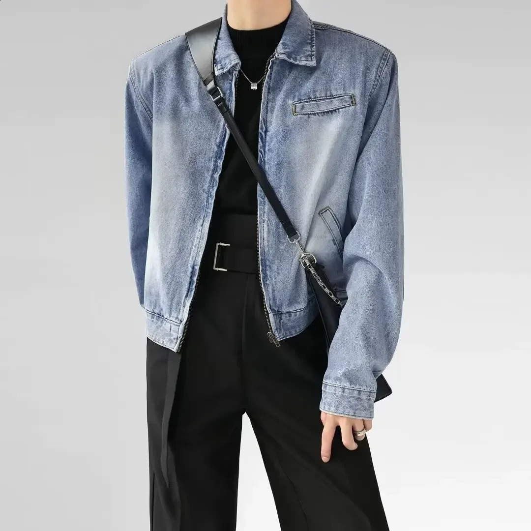 AutumnWinter Gradient Wash Shoulder Pads Zipper American Retro Jacket Mens n Sensual Denim Fashion 240921