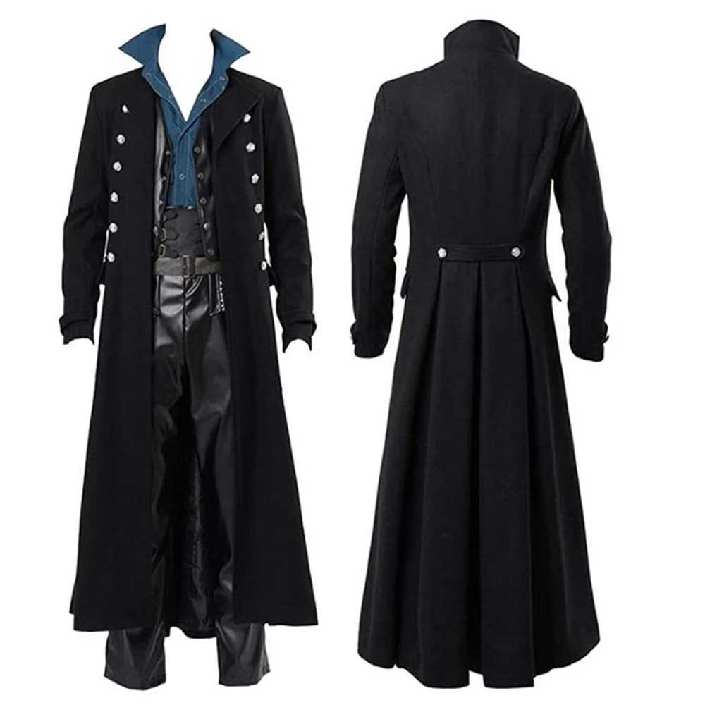 Mens Gothic Trench Medieval Steampunk Retro Coat Double layered Decoration Solid Mens Collar Coat Retro Long Trench W240925