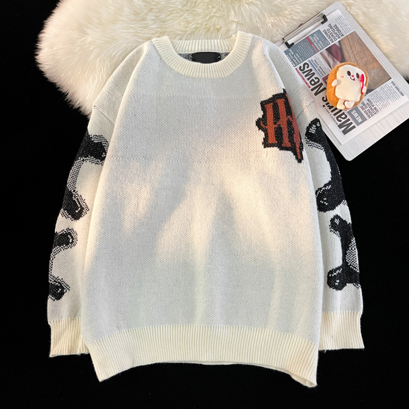 Mens Streetwear Fashion Sweater O-Neck Halloween Theme Skeleton Print Long Sleeve Swearshirt Tops Ripped Knit Jumper