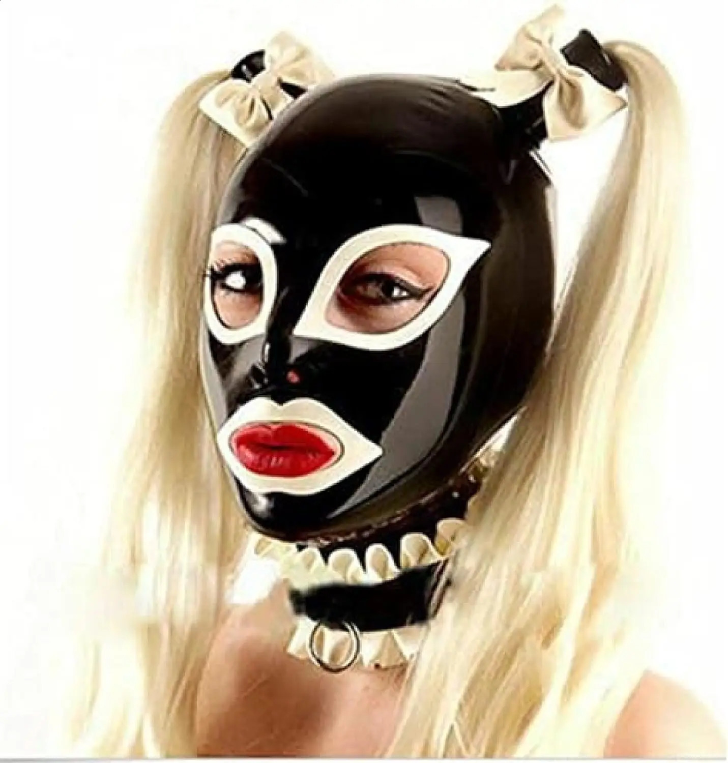 Latex cover with detachable collar twin blonde ponytail wig back zipper rubber golden braid 240923