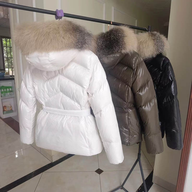 Women Real Fox Fur Collar Glossy Overcoat Hot Sales New Winter Thick Hooded With Belt White Duck Down Jacket